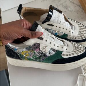 Christian Louboutin White and Green Studded Sneakers